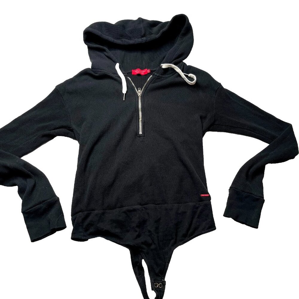 N:Philanthropy Thermal Hoodie Bodysuit Size Small Black Cotton Blend Waffle Knit